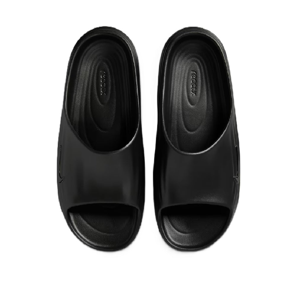 Pair of black slide sandals with open toe and contoured footbed