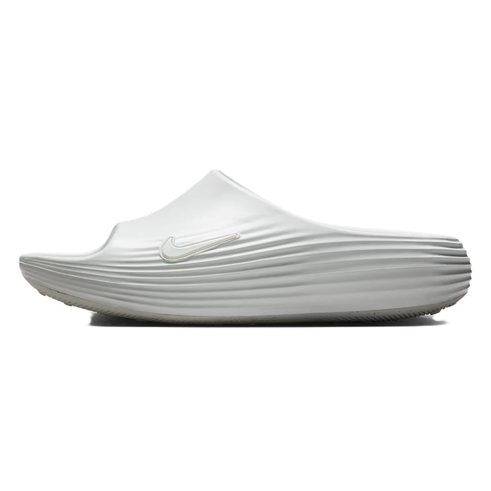 Nike ReactX Rejuven8 slide sandal, white, contoured footbed and swoosh logo