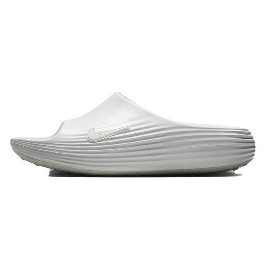 Nike ReactX Rejuven8 slide sandal, white, contoured footbed and swoosh logo