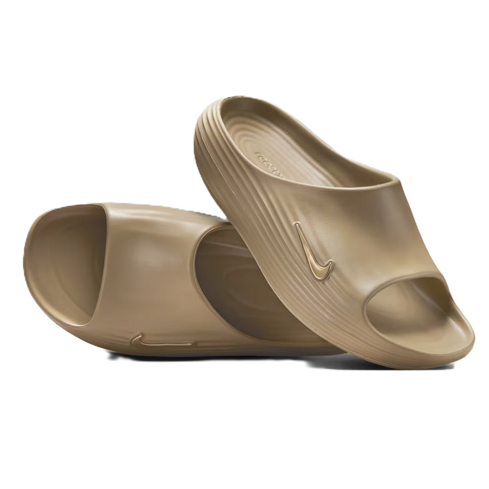 Khaki Nike slide sandal pair, open toe and curved strap with swoosh logo