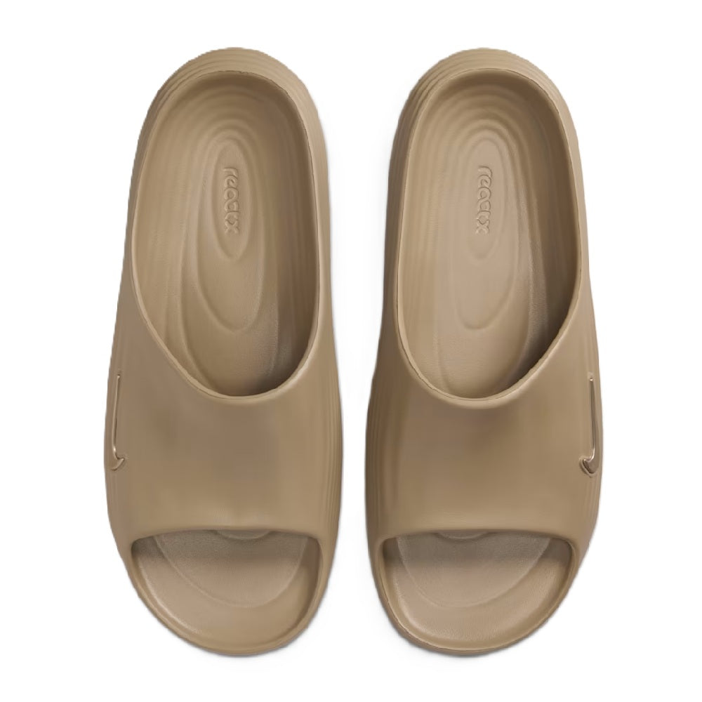 Khaki Nike slide sandals front view with open toe and small swoosh on side