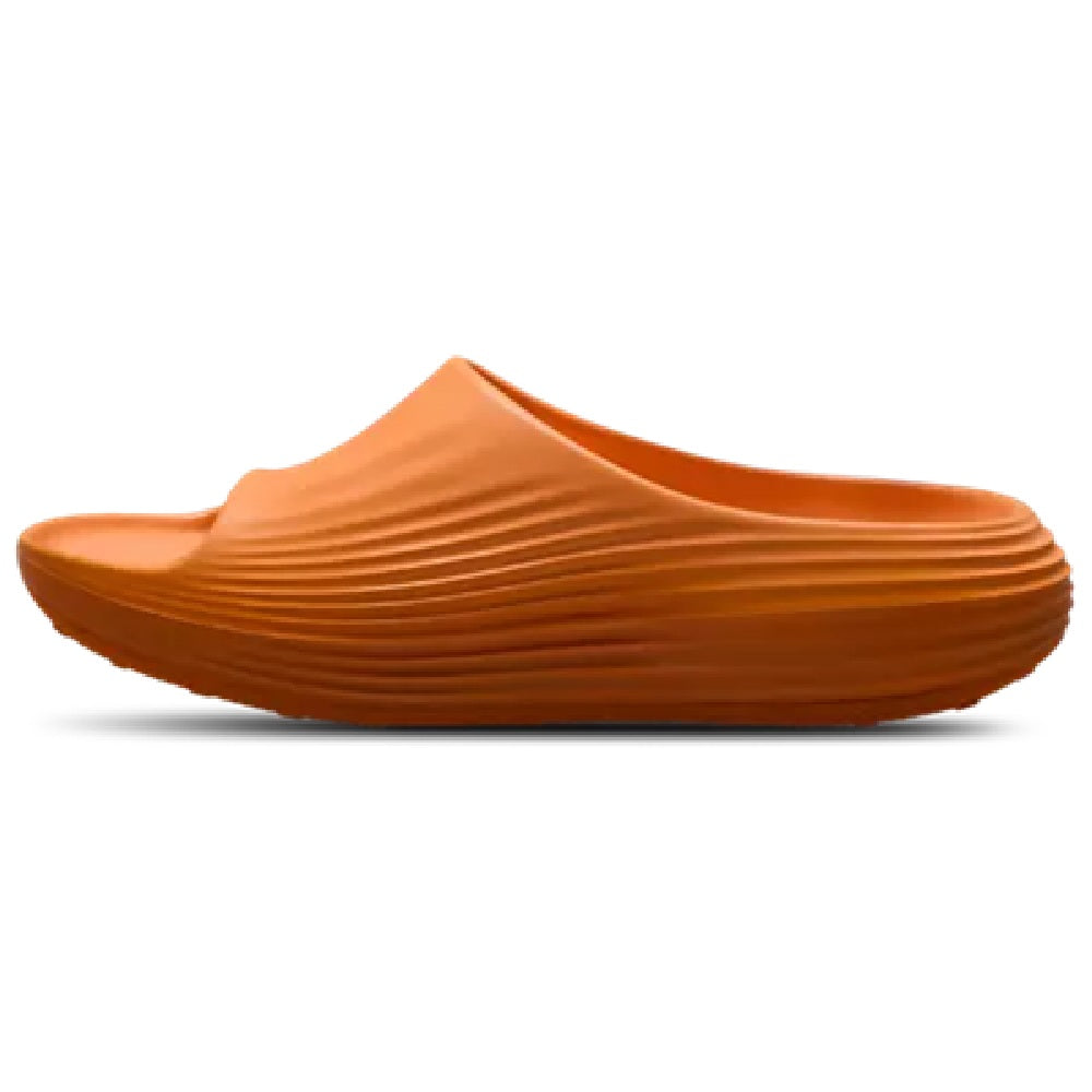 Orange Nike slide sandals with contoured strap and ribbed midsole