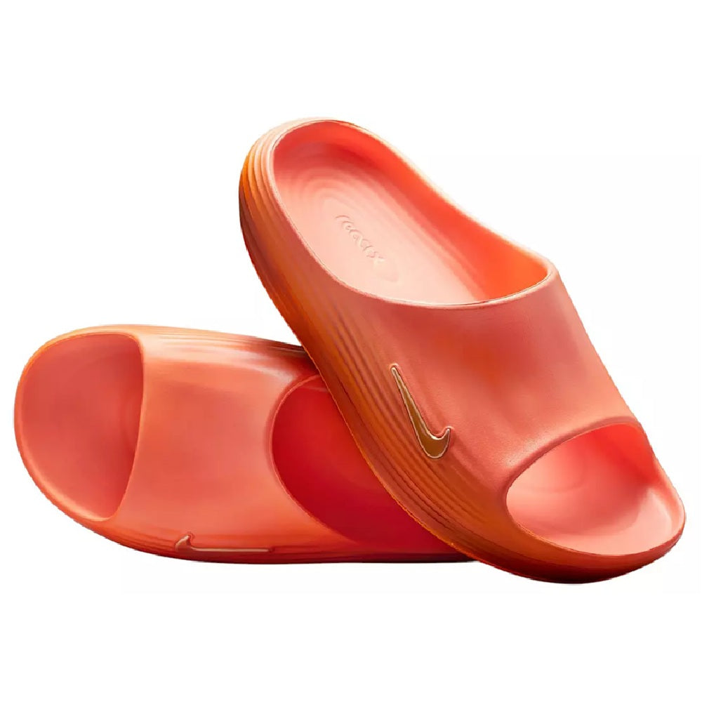 Orange Nike slide sandals shown with Swoosh on the upper and open toe