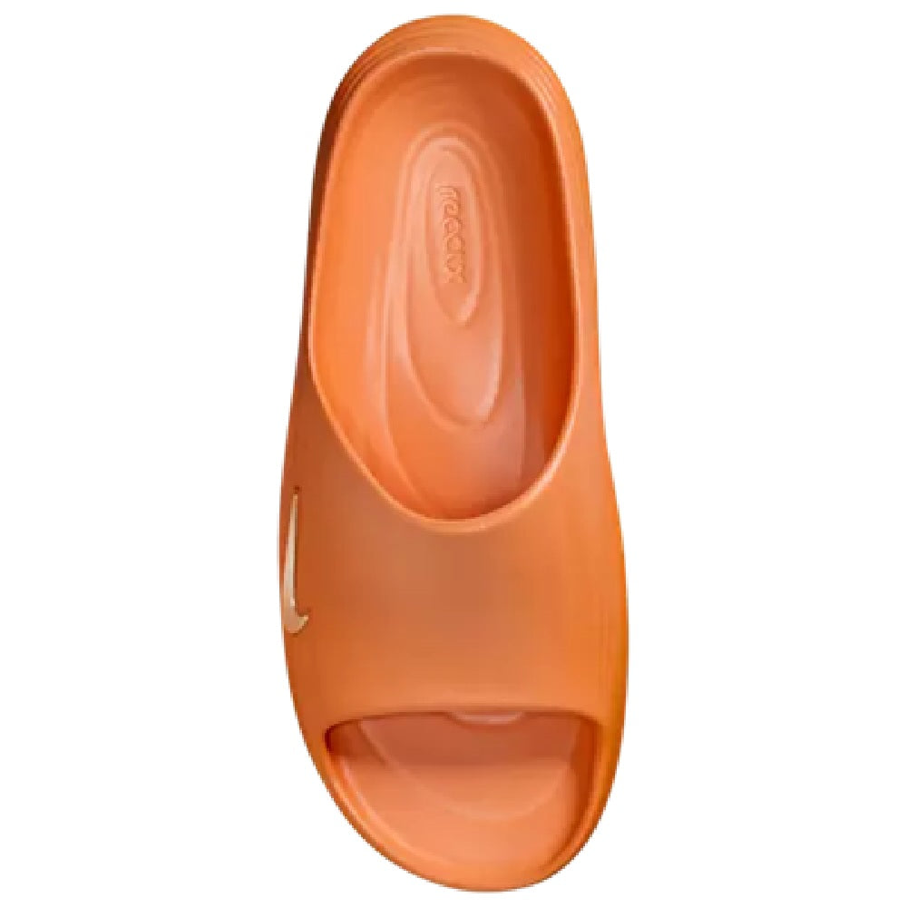 Orange Nike slide sandal with embossed oval heel logo and molded sidewall
