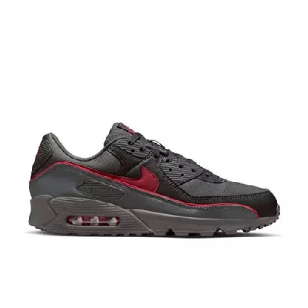 Men's Nike Air Max 90 PRM sneakers, dark grey with red swoosh and black laces