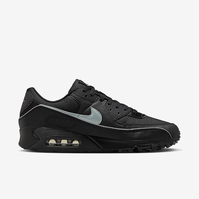 Black running sneakers, side profile with gray Swoosh and Air Max heel window