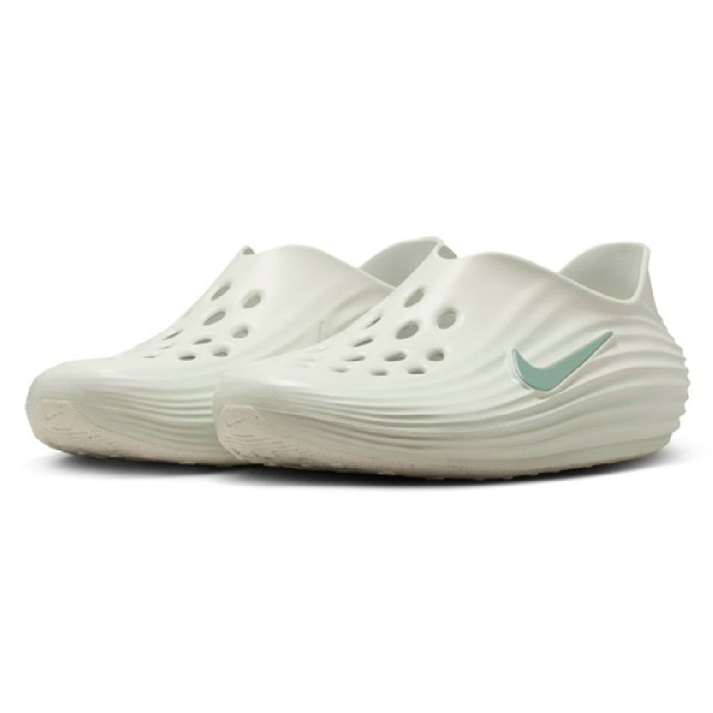 Men's Nike ReactX slip-on sneakers pair, white uppers with teal Swoosh