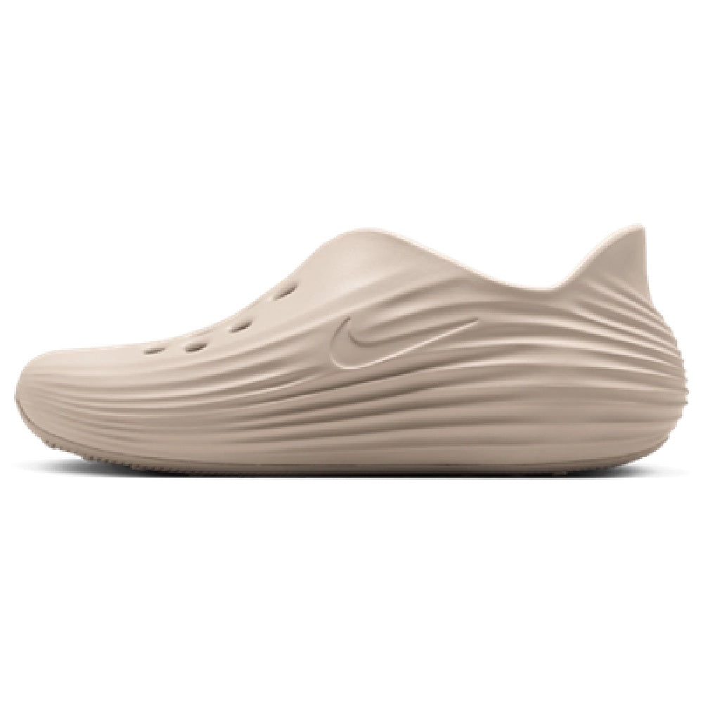 Men's Nike ReactX Rejuven8 LT clogs, light brown side view with swoosh