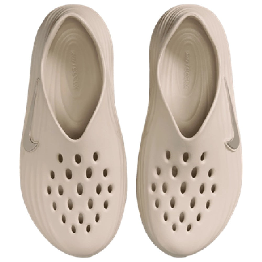 Men's Nike ReactX Rejuven8 LT clogs, light brown perforated top with swoosh