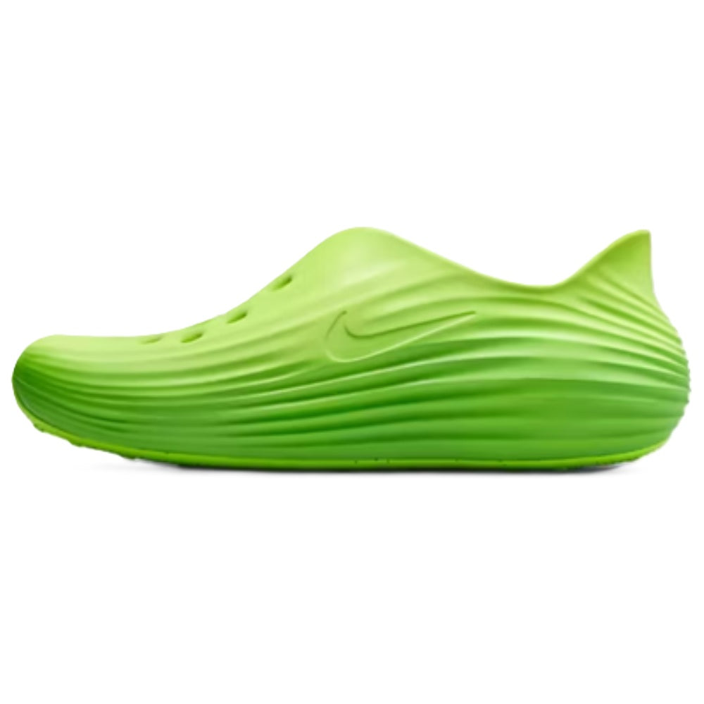 Men's Nike ReactX slip-on sneakers, side view, neon green with black swoosh