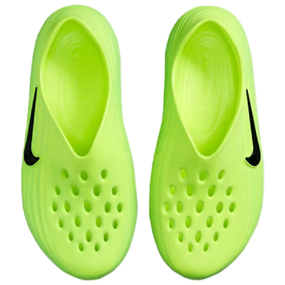 Pair of neon green shoe uppers with perforations and black swoosh logos