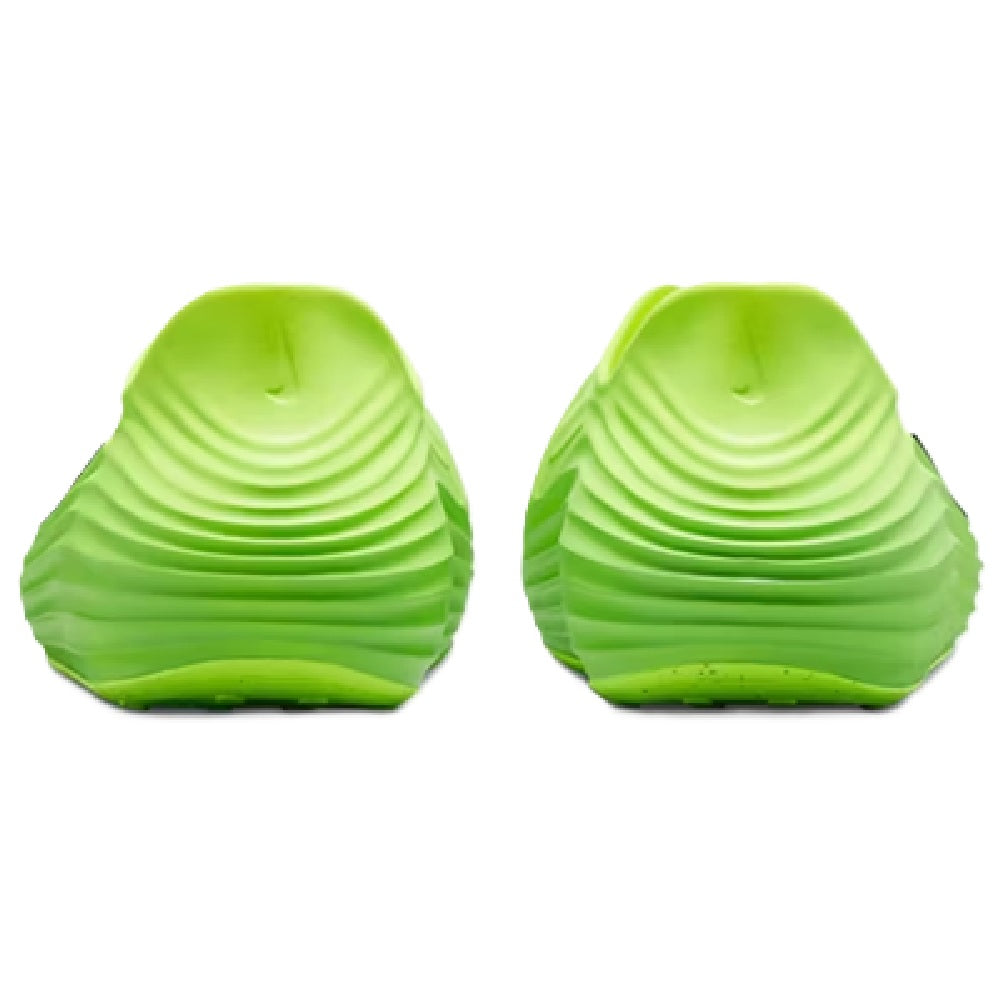 Neon green Nike ReactX sneakers, heel view, textured sole tread