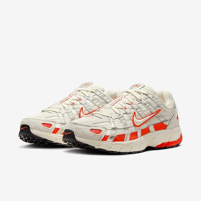 Women's Nike P-6000 running sneaker, lace-up sail with red heel and orange swoosh