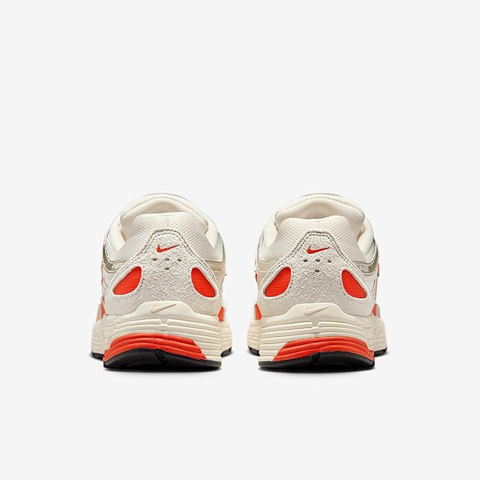 Women's Nike P-6000 running sneaker back view, sail with red and orange heel details