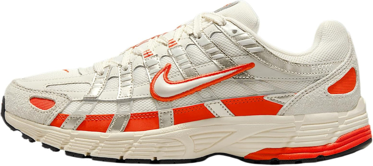 Women's Nike P-6000 running sneaker in sail with red and orange accents, side view