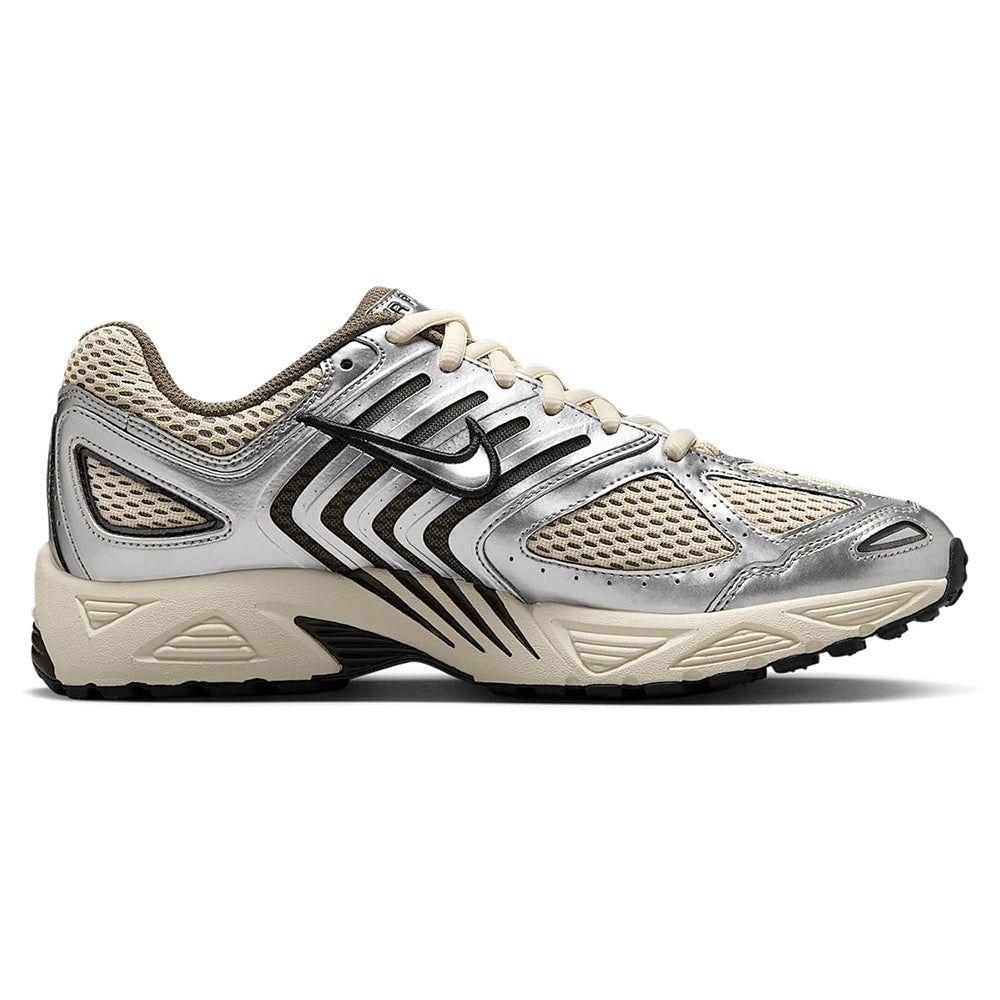 Men's Nike Air Pegasus 2005 LT side view sneakers in metallic silver and khaki mesh