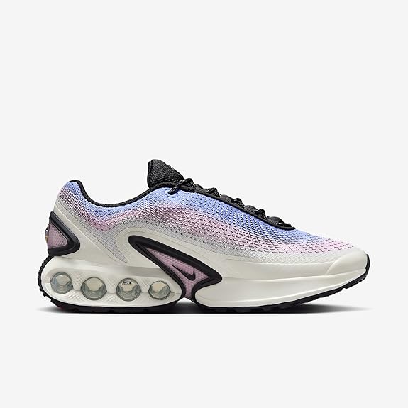 Women's Air Max DN PRM sneakers, side profile in iridescent pink and purple with black swoosh