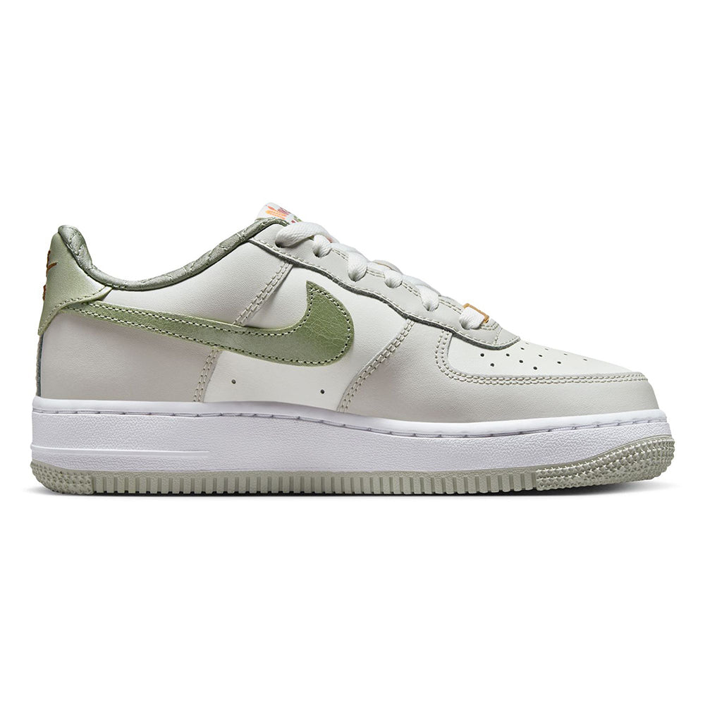 Big kid's Nike Air Force 1 LV8 side view, sail upper with olive swoosh