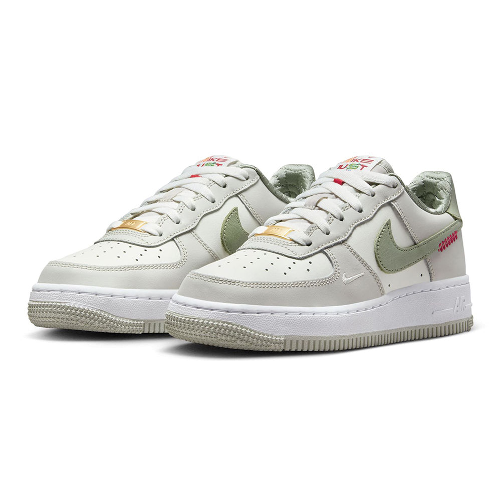 Big kid's Nike Air Force 1 LV8 pair view with olive overlays and sail laces
