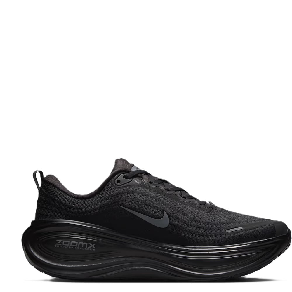 Men's Nike running shoe in black with gray swoosh and ZoomX side logo detail