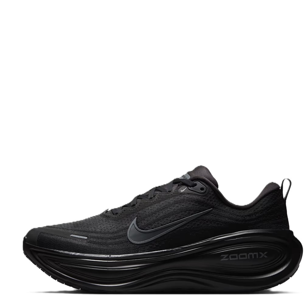 Men's Nike running shoe, side view in black with gray swoosh and ZoomX branding