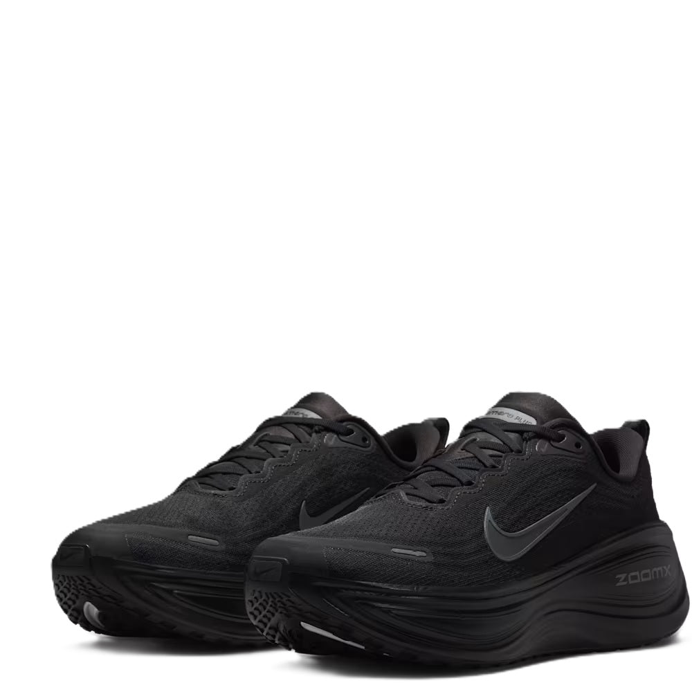 Men's Nike running shoes, pair shown in black with gray swoosh and textured upper