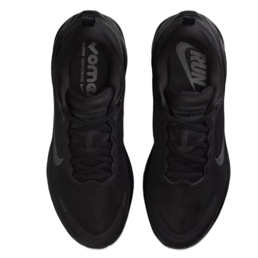 Men's Nike running shoes, top view of black lace-up uppers with swoosh marks
