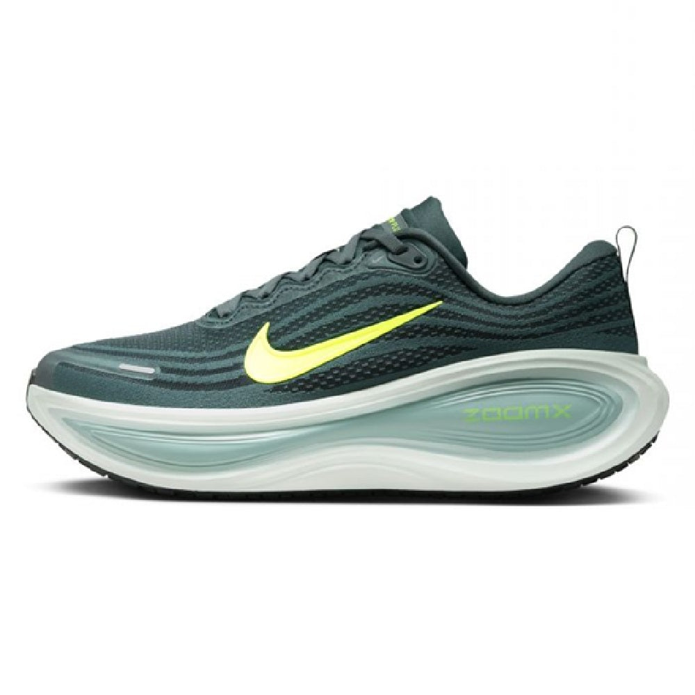 Men's Nike Vomero Plus running shoes in dark green with neon yellow swoosh