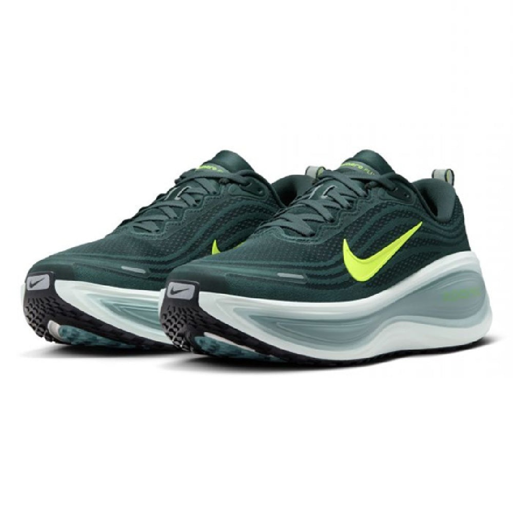 Men's Nike Vomero Plus sneakers, dark green uppers with neon yellow side Swoosh
