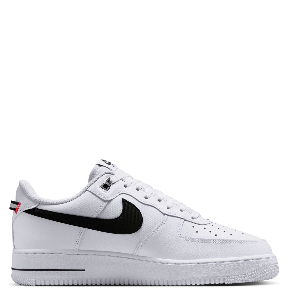 Men's Nike Air Force 1 low-top sneakers, side view: black Swoosh on white upper