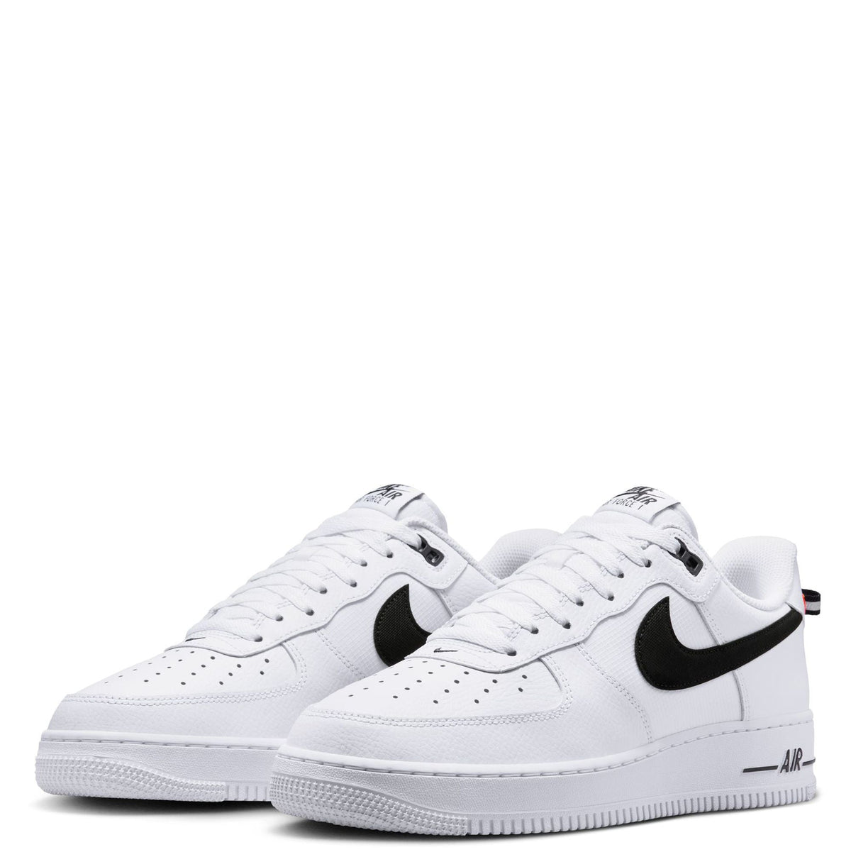 Men's Nike Air Force 1 low-top sneakers, pair view with black Swoosh and white laces