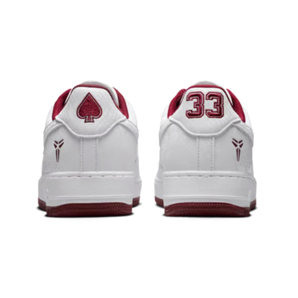 Nike Kobe heel backs in white with maroon 33 patch and red spade logo