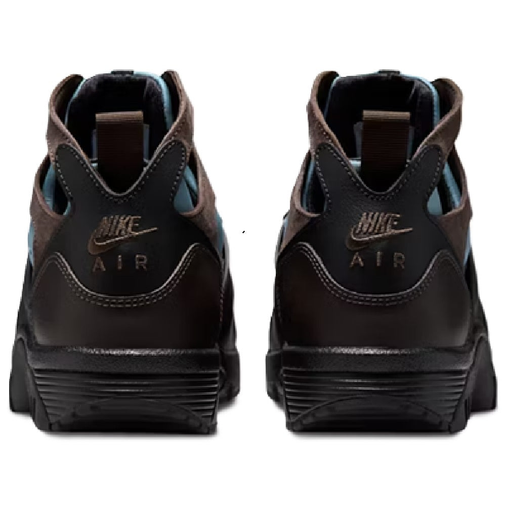 Nike Air Trainer Huarache heel view, Nike logo and Air text on dark brown/black