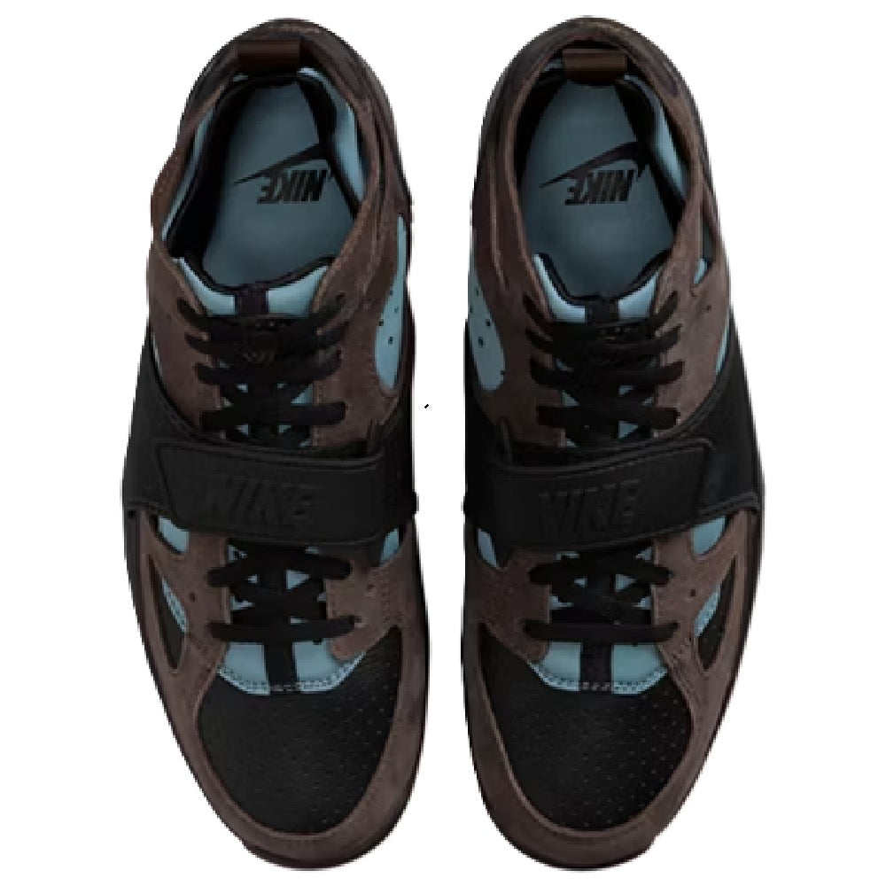 Nike Air Trainer Huarache sneakers top view, lace-up with dark brown and black uppers