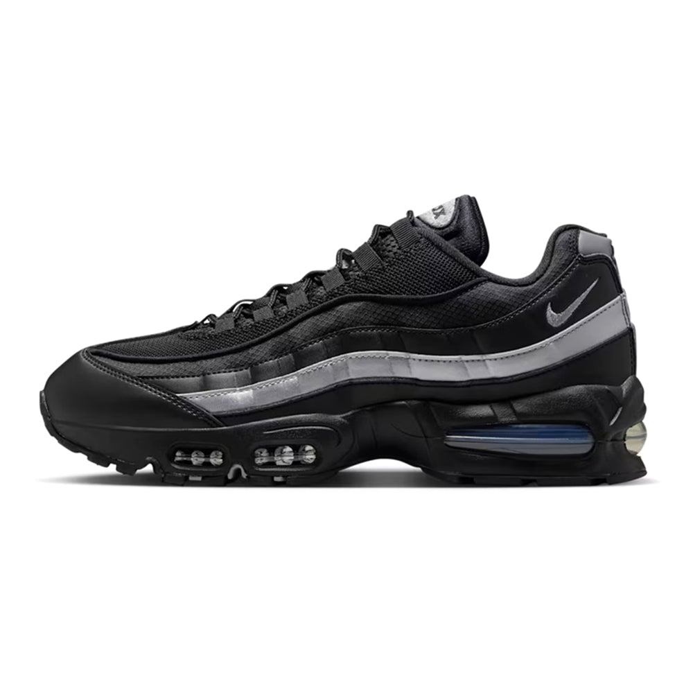 Black Air Max 95 sneakers with silver trim, lace-up mesh and visible Air units