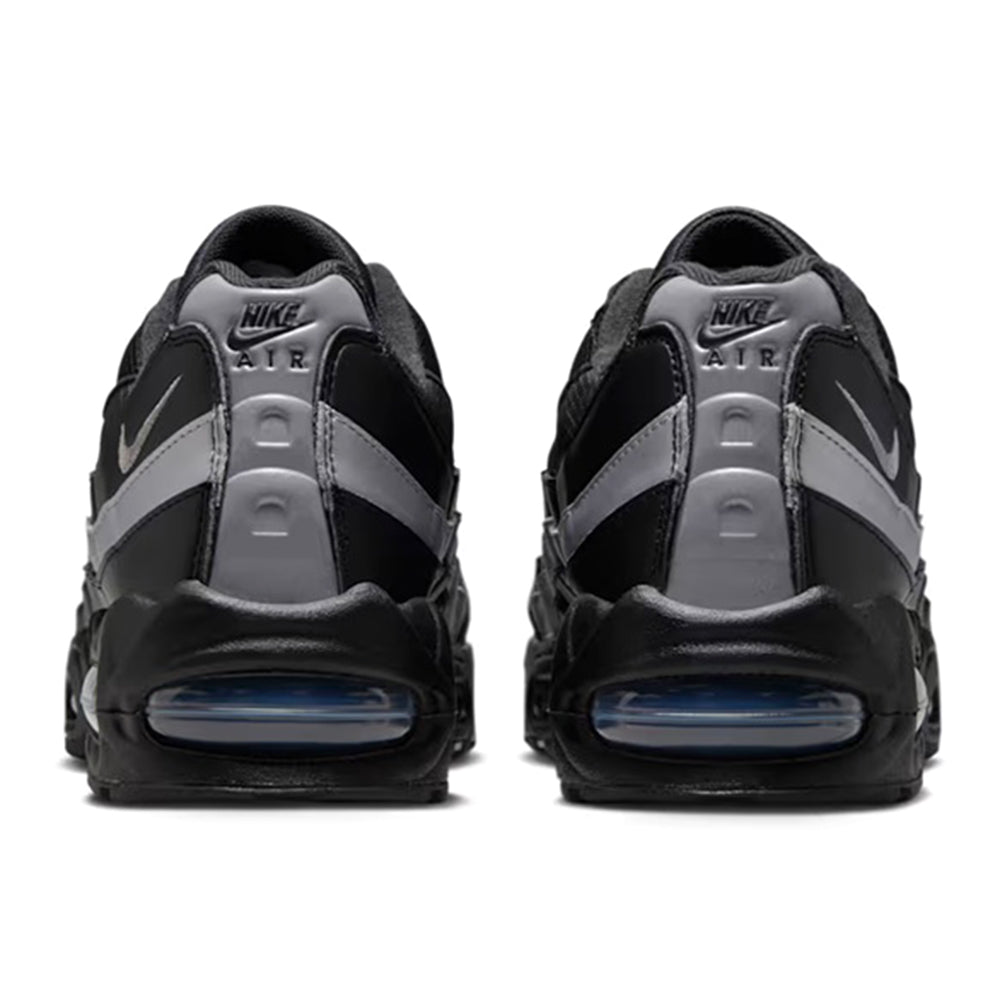 Black Air Max 95 heels with Nike Air lettering and blue Air window