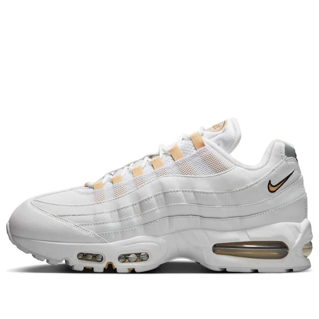 Men's white and gold Nike Air Max 95 OG running sneaker with black accents