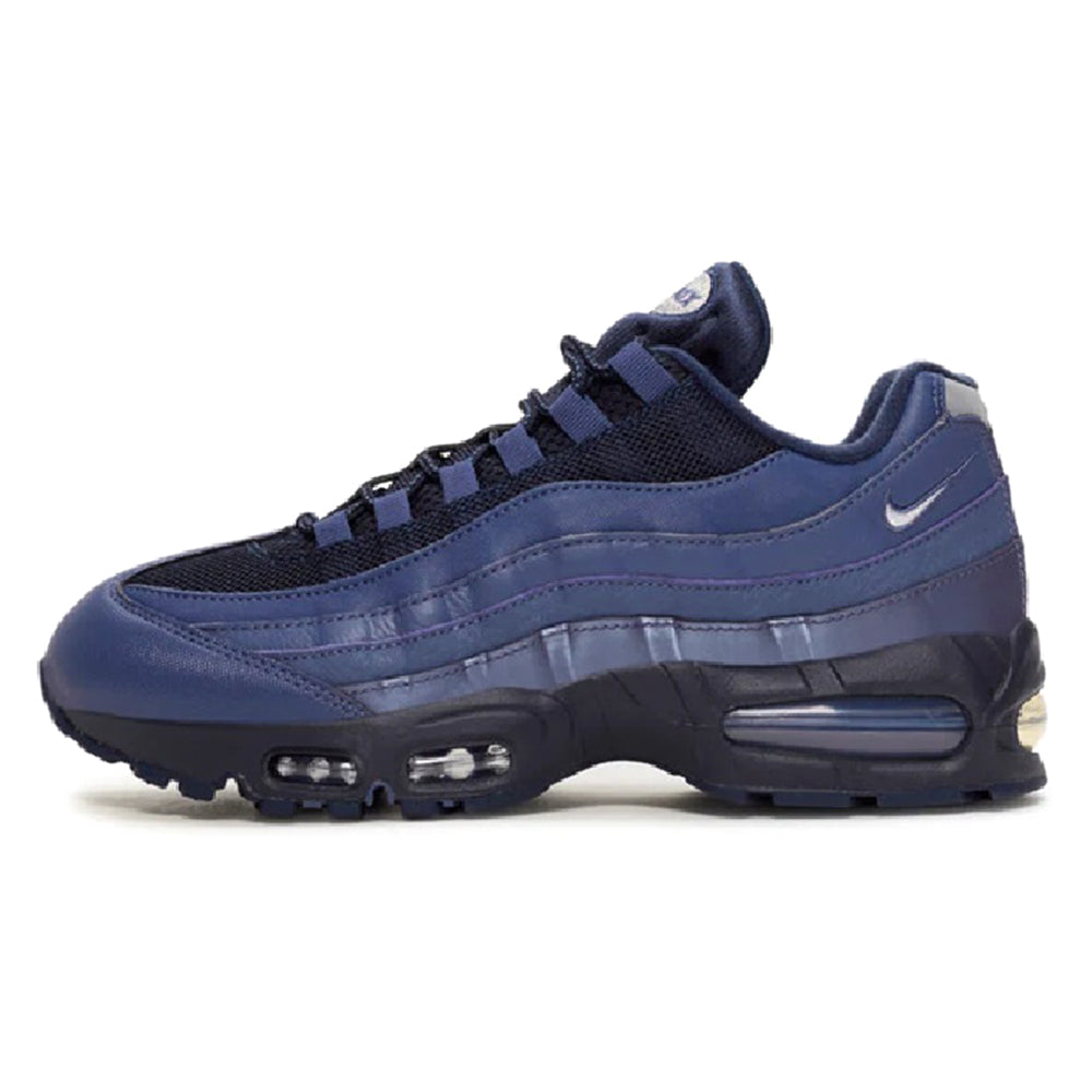 Navy and purple Air Max 95 OG sneakers with lace-up and visible air units