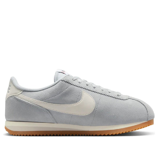 Women's Nike Cortez LT low-top sneakers, smoke gray suede, beige Swoosh, gum sole.