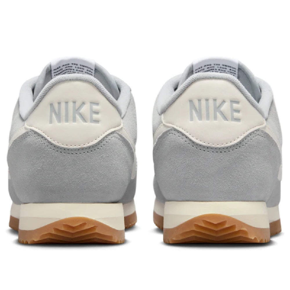 Women's Nike Cortez LT sneakers, Nike heel tab, smoke gray suede, gum rubber sole.