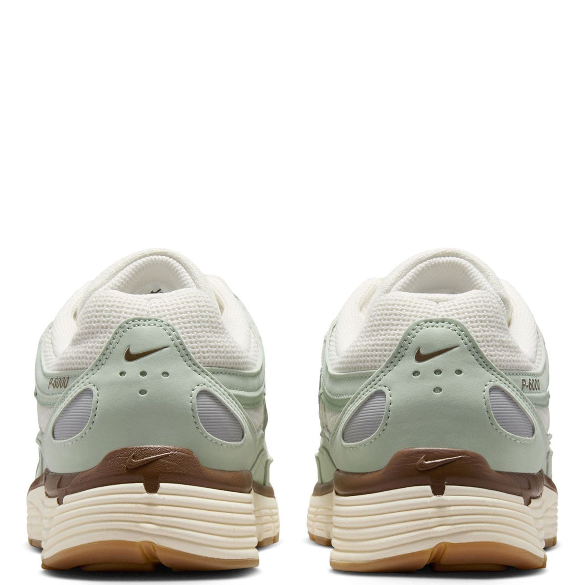 Men's Nike P-6000 SE heel view, seafoam knit with brown heel tab and logo