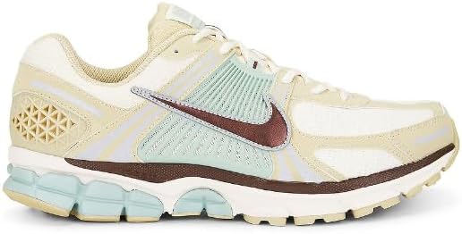 Nike men's running shoe in cream and light blue with dark brown swoosh, lace-up