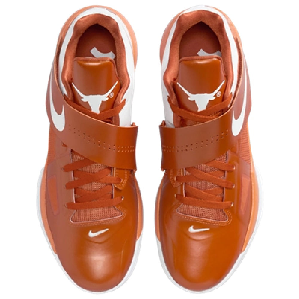 Nike Zoom KD IV sneakers, orange uppers with white accents and laces, top view