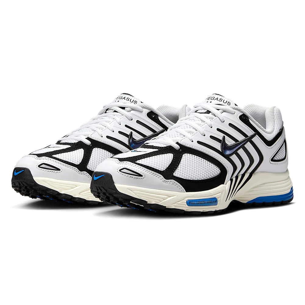 Men's Nike Air Pegasus 2005 sneakers, pair view, white with black overlays and blue trim