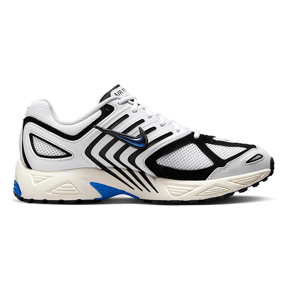 Men's Nike Air Pegasus 2005 sneakers, side view, white upper with black panels and blue detail