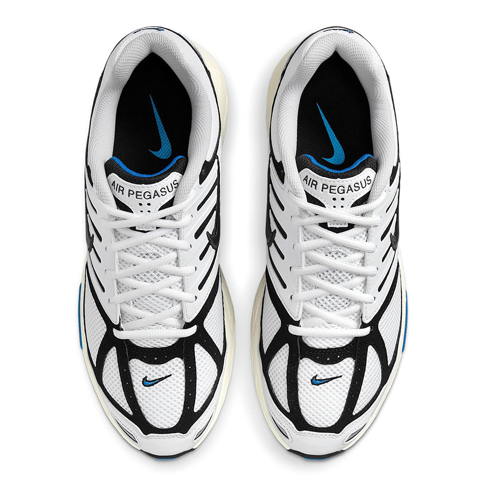 Men's Nike Air Pegasus 2005 sneakers, top view of two shoes with blue logo accents