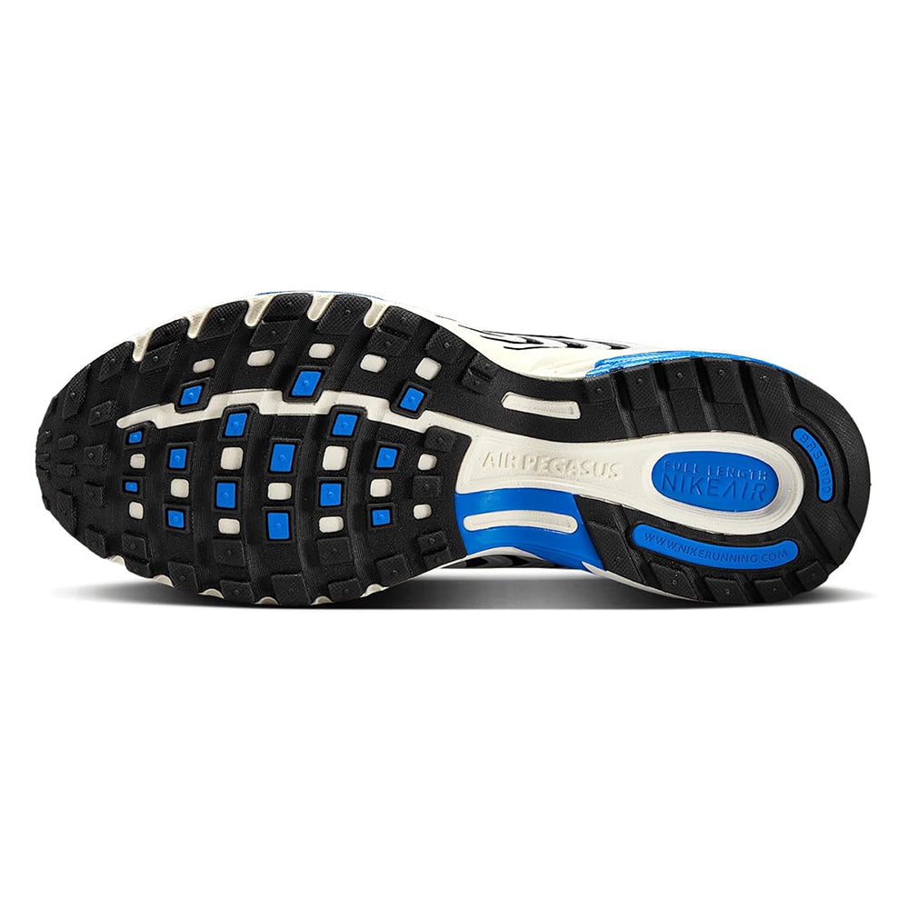 Men's Nike Air Pegasus 2005 sneakers, outsole view with black tread and blue traction blocks