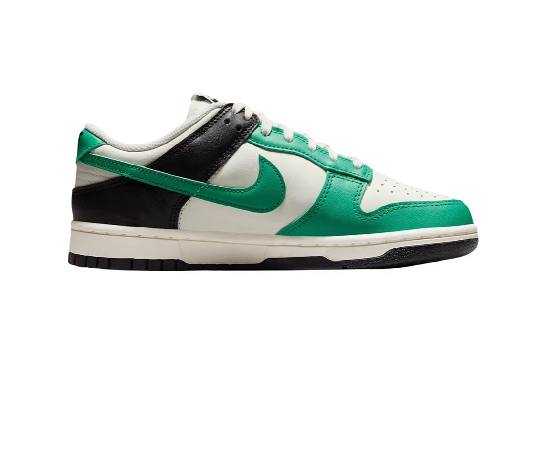 Nike Dunk Low sneakers in sail white, green, and black; angled side view