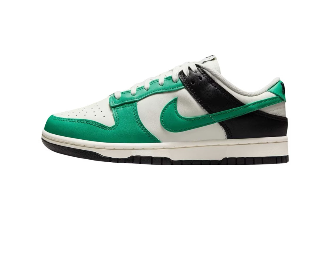 Nike Dunk Low sneakers in sail white, green, and black; side view