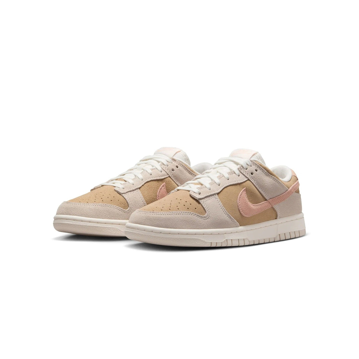 Nike Dunk Low low-top sneakers, side-by-side view, beige suede with pink accents